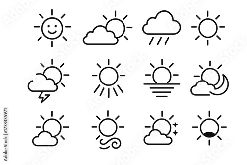 Weather line icon set. Sun, clouds, rain, storm thin icons. Climate forecast symbols. Sunny, cloudy, windy day and night. Nature outline vector illustration for web, app.