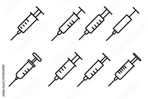 Syringe and injection icon set. Medical vaccine and vaccination concept. Healthcare thin line icons with editable stroke. Medicine, dose, treatment, and needle symbols.