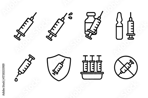 Syringe and vaccination thin line icon set. Vector illustrations of injection, vaccine, vial, and ampoule. Medical concepts like immunity shield and anti-vax symbol. Editable stroke.