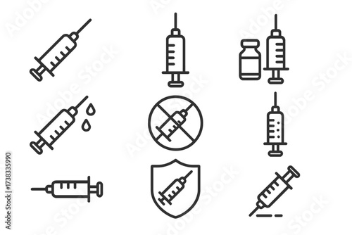 Syringe and vaccine icon set. Vaccination, injection, and medical concepts. Thin line art icons for healthcare, medicine, and immunity. Includes vial, dose, and anti-vax symbol.