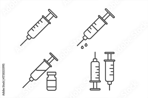 Medical syringe vector icon collection. Thin line icons of injection, vaccine, dose and vial. Concept for vaccination, immunization, medical treatment, healthcare, flu shot.