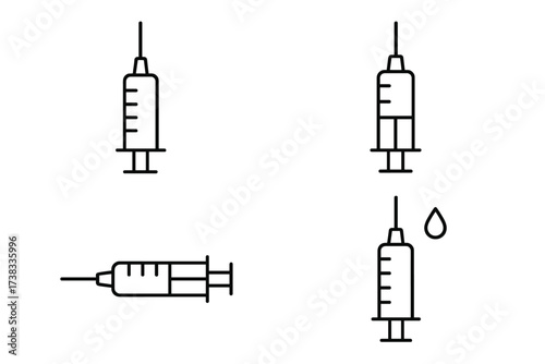 Syringe and injection line icon set. Medical vaccine, drug, and medicine symbol. Health care concept. Simple outline vector illustration. Editable stroke for web and app design.