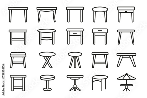 Table and furniture thin line icon set. Home and office interior design elements. Desk, nightstand, side table outline symbols for website and apps. Editable stroke vector.