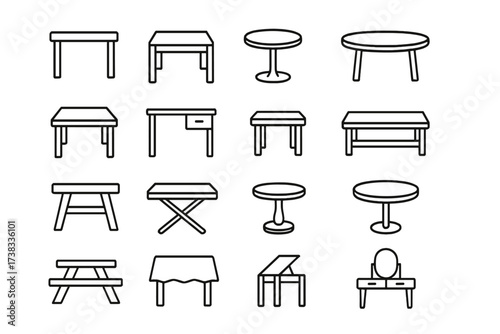 Table and desk furniture line icon set. Vector collection of thin outline symbols for home and office interior. Includes dining, coffee, picnic, and vanity tables. Editable stroke.