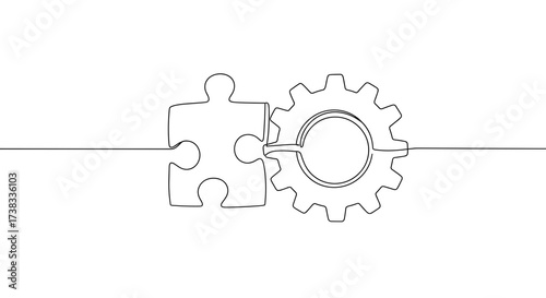 Puzzle piece connecting with gear in line art concept  