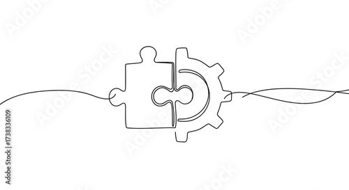 Puzzle piece and cogwheel connected in minimalist line art design  