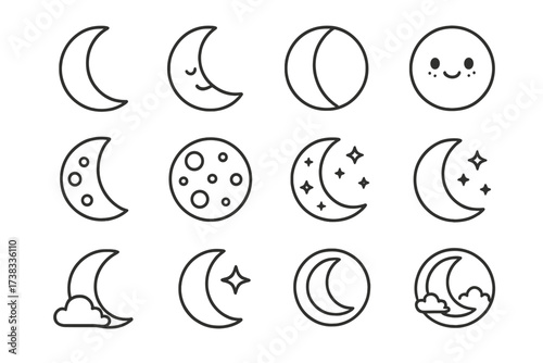 Moon and crescent icon set. Line art collection for UI, web, apps. Vector cartoon illustration of lunar phases, night sky, sleeping moon, stars. Editable stroke astronomy symbols.