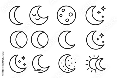Moon phases icon set vector. Crescent line art. Celestial astrology symbols. Night sky, sleep, dream concepts. Full moon, new moon, eclipse pictogram. Editable stroke for UI.