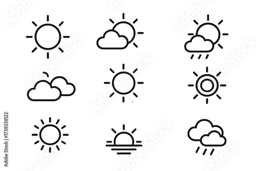 Weather line icon collection. Simple sun, cloud, and rain outline symbols. Vector set for forecast app and web design. Sunny, cloudy, and rainy day pictograms. Editable stroke.