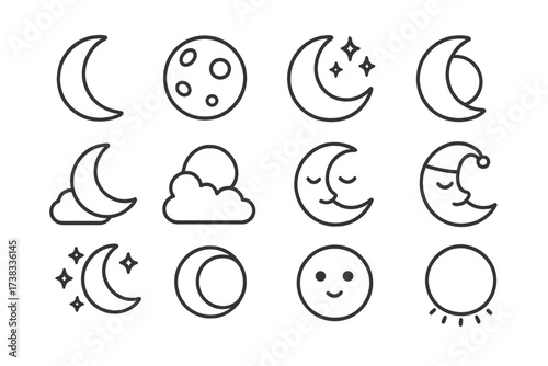 Moon icon set. Crescent, full moon, stars, clouds. Vector line art. Night sky symbol. Astronomy, celestial body. Sleep, weather icon. Editable stroke. Pictogram collection.