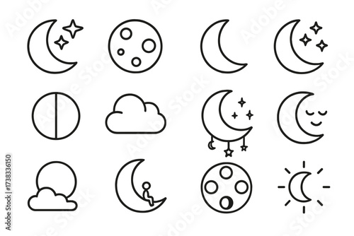 Moon and crescent line icon set. Vector collection of celestial symbols: stars, clouds, night. Editable stroke. For web, apps. Concepts: sleep, dream, weather, astronomy.