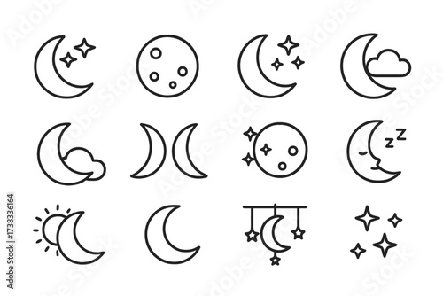 Moon and stars icon set. Crescent, full moon, and celestial symbols. Night sky, sleep, and weather line icons. Editable stroke vector illustration for web and apps.