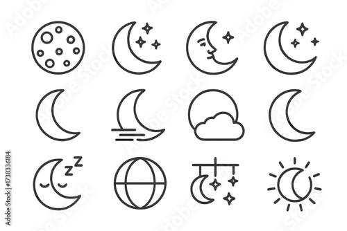 Moon and crescent line icon set. Vector symbols for night, sky, weather, and sleep. Editable stroke pictograms for apps, web, and print. Celestial and lunar concepts.