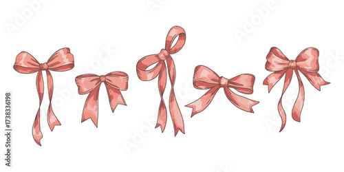 Set of pink doodle bows and ribbons. Hand-drawn vector illustrations suitable for posters, cards, wedding invitations.