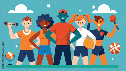 A sports equipment company releases an ad featuring athletes with different body types showing that their products cater to all body types.. Vector illustration
