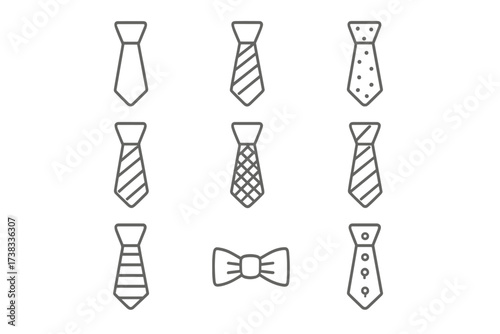 Tie and bow tie icon set. Vector line art collection of formal business neckwear. Editable stroke icons for web and apps. Mens fashion accessory symbols. Outline pictograms.