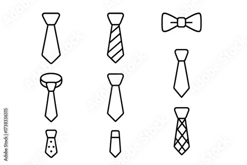 Tie icon set. Thin line necktie and bow tie collection. Vector outline symbols for business and formal wear. Editable stroke. Simple, minimal pictogram illustration pack.