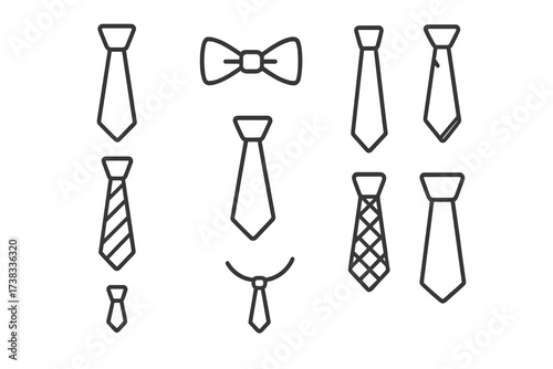 Tie thin line icon collection. Vector set of necktie and bowtie outline symbols. Editable stroke. Business fashion accessory for men. Formal wear graphic elements for web design.
