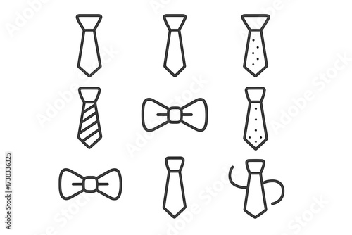 Tie and bow tie line icon collection. Simple outline symbols of business and formal wear. Necktie fashion accessory vector set. Gentleman clothing elements for web design.