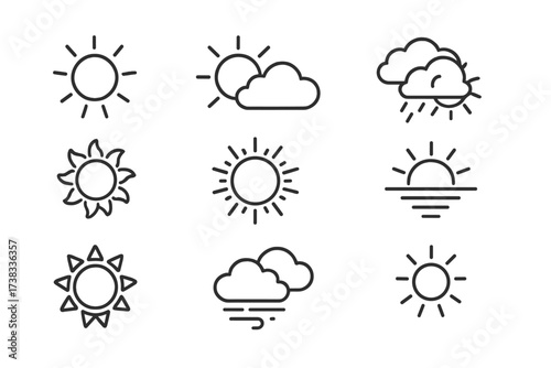 Sun icon set weather forecast symbol collection. Line art pictograms for UI web design. Sunny, cloudy, windy, rainy day. Editable stroke vector. Summer heat sunrise sunset.