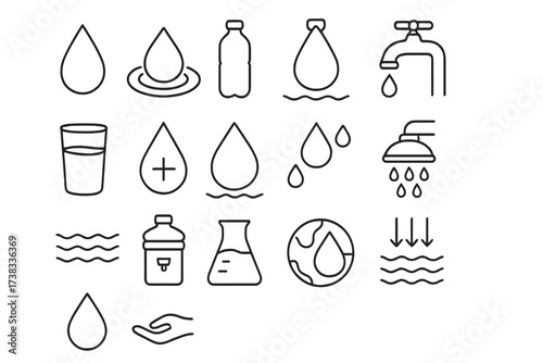 Water line icon set. Thin outline symbols collection. Drop, drink, save, ecology, purity, aqua and liquid concepts. Editable stroke vector pictograms for web and mobile apps.