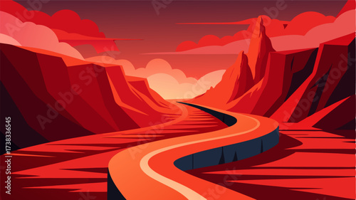 A winding path leading through the heart of a dramatic redhued canyon where every turn reveals a new breathtaking view.