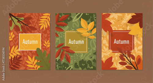 Beautiful Autumn Leaves in Vibrant Colors Adorning Three Artistic Greeting Cards