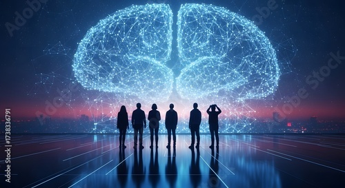 Diverse group of people silhouetted against a glowing futuristic digital brain representing artificial intelligence and innovation