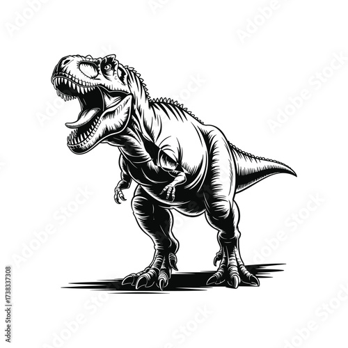Fearsome tyrannosaurus rex dinosaur roaring fiercely in dynamic black and white sketch