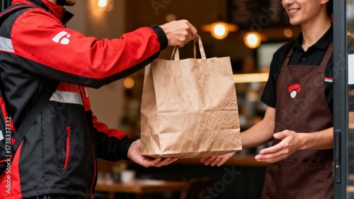 Seamless Exchange Food Delivery Courier Handing Order Cafe Worker Expressing Satisfaction