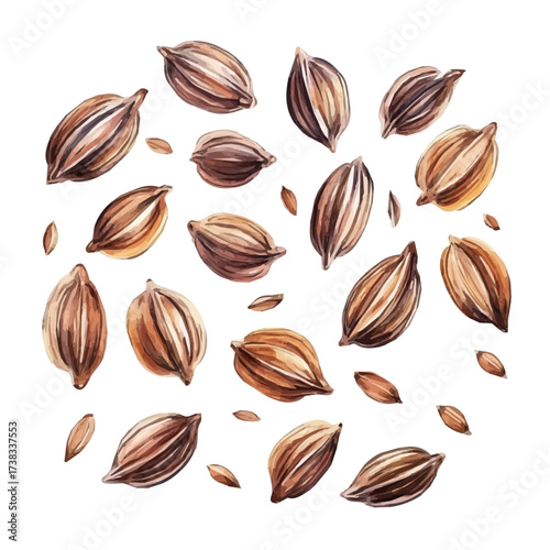 minimal yet artistic elements for creative designs. hand-drawn paint, Simple Illustration, A beautiful painting of ajwain seeds set, EPS format, isolated on a white background, watercolor style