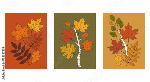 Autumnal leaf illustrations featuring vibrant fall foliage in warm tones, depicting seasonal change