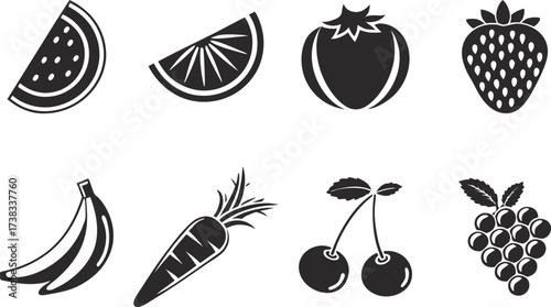 Collection of eight simple black and white fruit and vegetable icons
