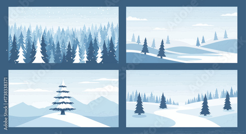 Collection of vector winter landscapes. Snowy forest and mountain scenery with fir trees in a blue and white color scheme. A minimalist seasonal background set