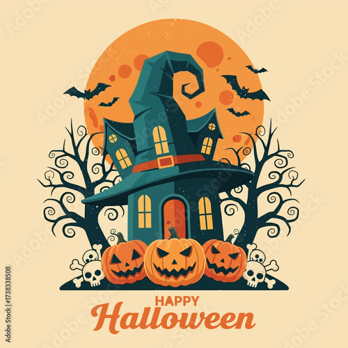 Spooky Halloween scene with a haunted house, grinning pumpkins, bats flying under a full moon, and creepy trees