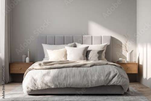 Wallpaper Mural Minimalist bedroom with striped bedding and natural sunlight Torontodigital.ca