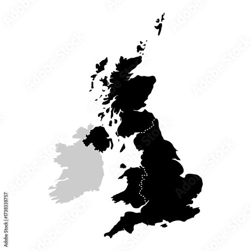 UK regions map black silhouette. United Kingdom with dotted internal administrative borders vector illustration. Geographic division sign. Political map symbol. Regional structure pictogram.