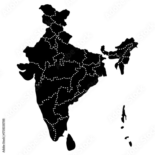 India regions map. Black silhouette with dashed lines showing internal state borders vector illustration. Administrative subdivision sign. Regional political division symbol. Indian states pictogram.