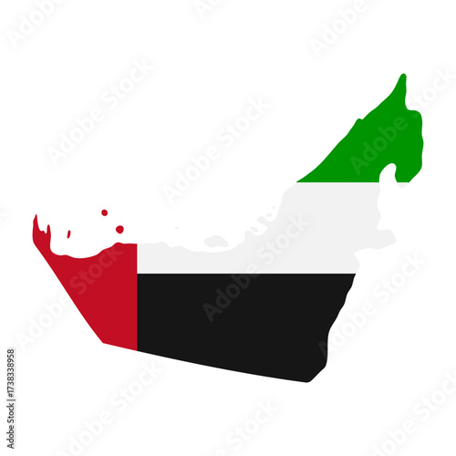 UAE map flag. United Arab Emirates silhouette with national flag vector illustration. Geographic location and political identity sign. UAE national borders and territory symbol. Dubai pictogram.
