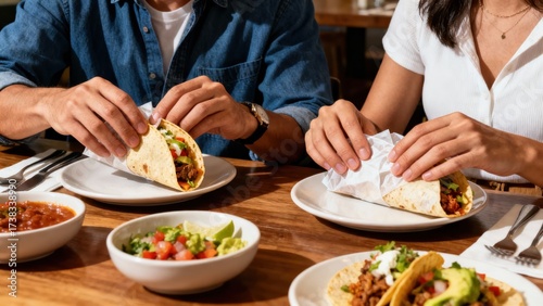 Couple Enjoying Delicious Tacos With Fresh Toppings At Cozy Restaurant During Lunch