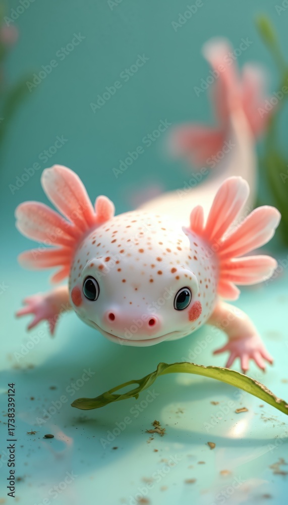Naklejka premium Adorable axolotl swims in clear water. Pink gills, spotted body adds charm. Ideal material for kids books or science articles. Playful nature illustration of underwater world. Great for print, web.