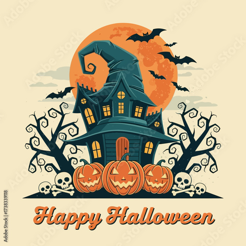 Spooky haunted house with pumpkins, bats, and skulls under a full moon, perfect for thrilling Halloween celebrations.