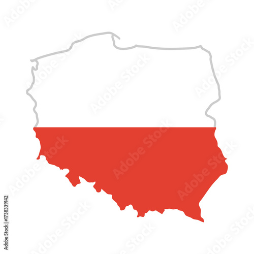 Poland map flag. Flat silhouette of Poland with national flag colors vector illustration. Polish country geography and political boundary sign. Travel and location symbol. European state pictogram.