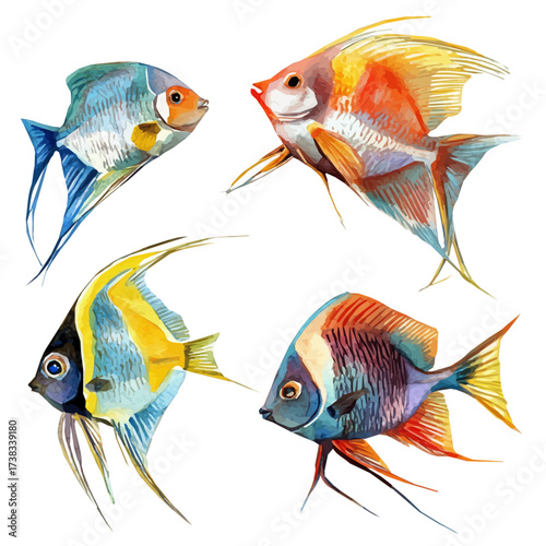 delicately hand-painted with artistic brush strokes, A Watercolor painting of colorful angelfish, minimal layout, white background, vector EPS. vector illustration
