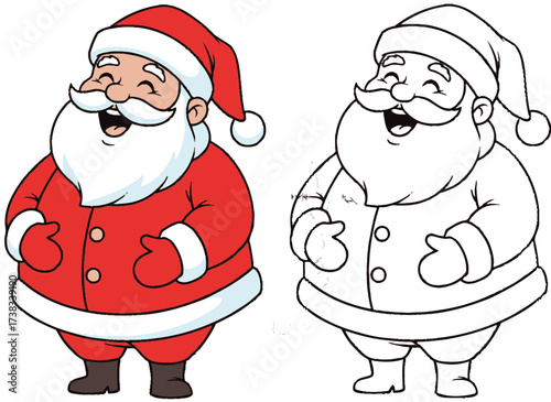 Cheerful Cartoon Santa Claus with Red Suit and White Beard, Ready for Christmas Festivities and Holiday Joy - Vector Illustration for Coloring Book