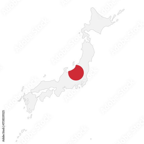 Japan map flag. Map of Japan with red circle national flag vector illustration. Geographic Japanese country outline and identity symbol. Asian travel and nation shape sign. Japan cultural pictogram.