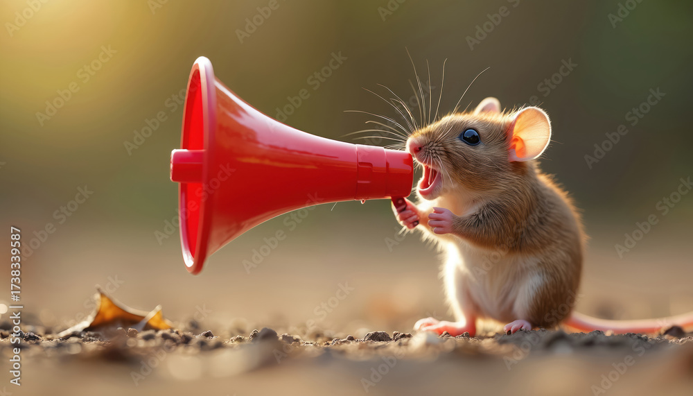 Fototapeta premium Mouse holding red megaphone. Rodent shouts loudly into bullhorn outdoors. Small fluffy animal communication, announcement. Furry mammal promotes something with speaker. Noise message, loud sound