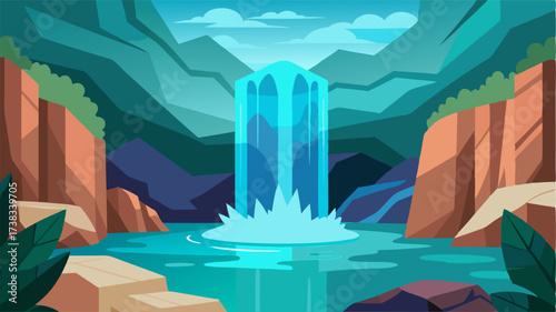 A secluded grotto with a powerful waterfall crashing into a crystal clear pool creating a peaceful oasis.