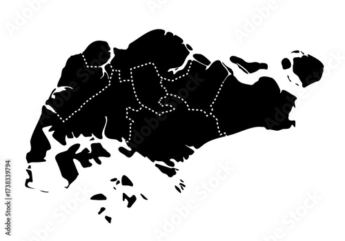 Singapore regional borders map. Black silhouette of Singapore with visible administrative borders vector illustration. Federal state territory division sign. Geographic and political boundary symbol.
