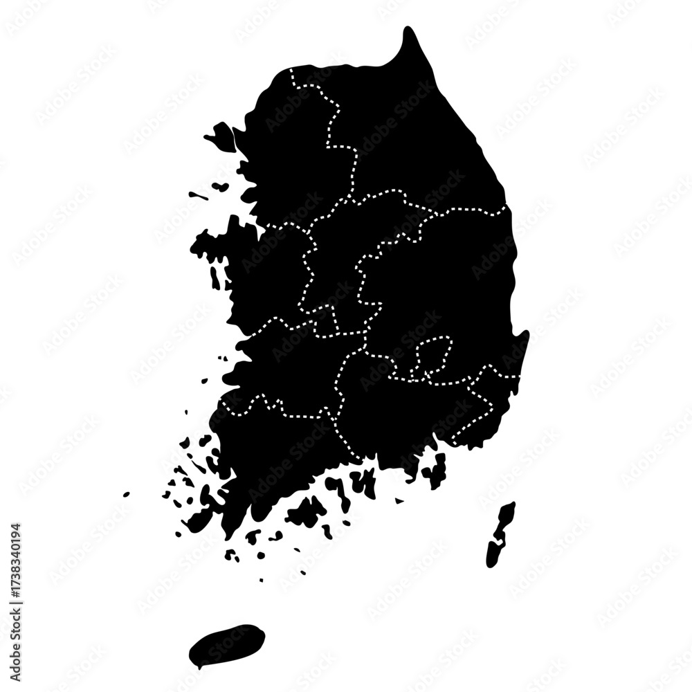 Obraz premium South Korea regional borders map. Black silhouette of South Korea with visible administrative borders vector illustration. Federal state territory division sign. Geographic and political boundary.